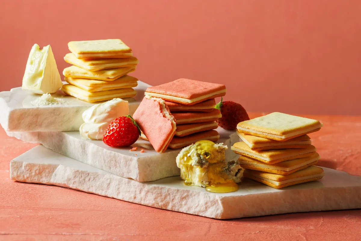 3種のクッキーと苺、チーズ、蜂蜜の贅沢な並び