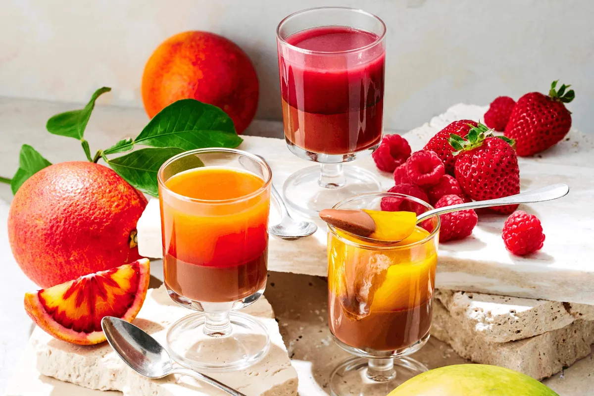 3種類のカカオドゥーブルと鮮やかなフルーツの盛り付け