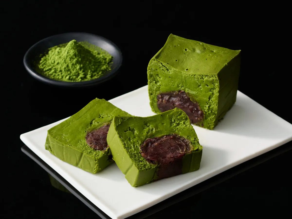 宇治抹茶の濃厚な色合いと小豆の断面が美しいテリーヌ