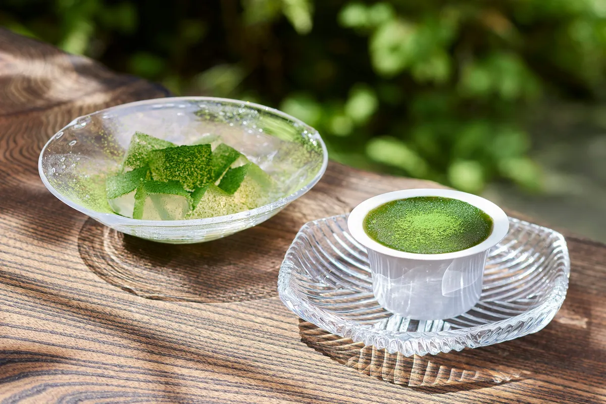 涼しげなガラス皿に盛り付けられた抹茶寒天と本生羊羹