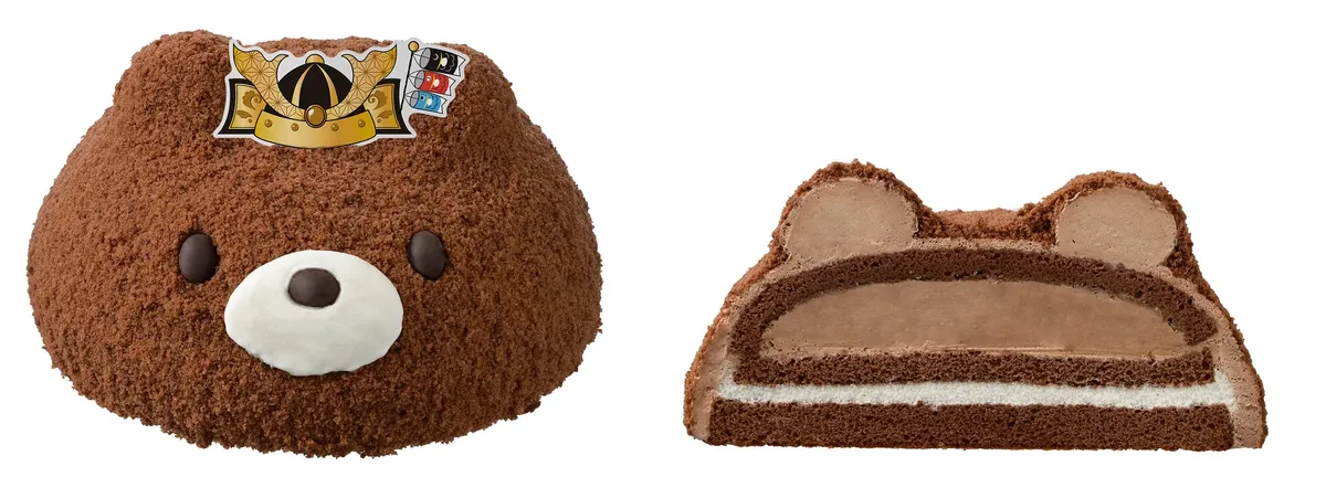 くまさんケーキの正面写真と、チョコクリームやホイップが層になった断面図