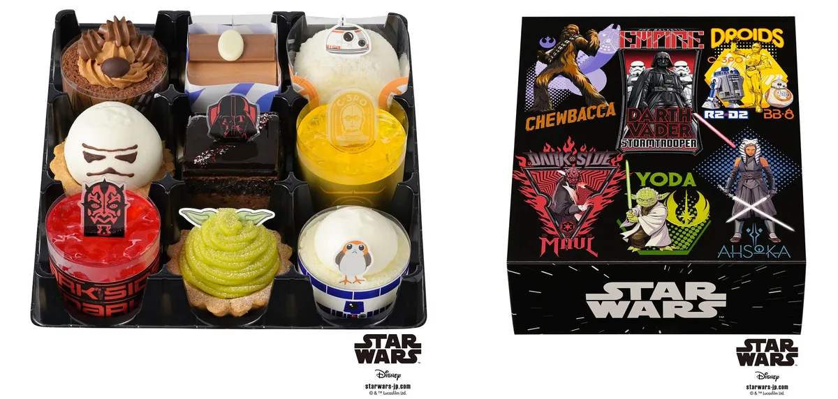 スター・ウォーズのデザインが施された専用BOX入りのプチケーキ