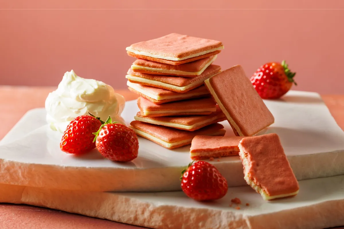 苺色のクッキーにマスカルポーネチョコをサンド