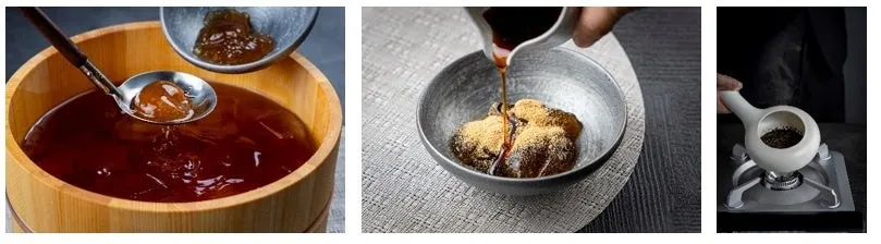 職人の手技が光る自家製わらび餅の仕上げと、香り高いほうじ茶を炒る様子