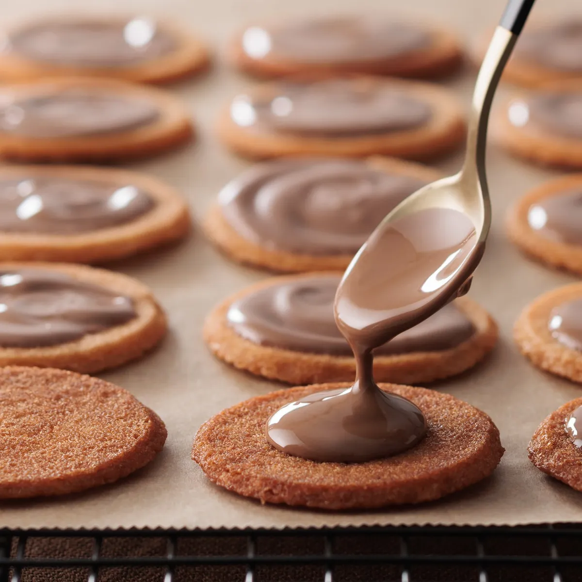 ベルギー産キャラメルショコラを生地に絞る工程