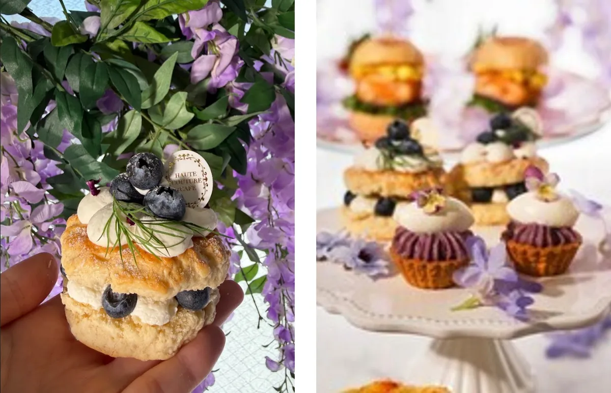 ブルーベリーを添えたスコーンと、鮮やかな紫色のタルト