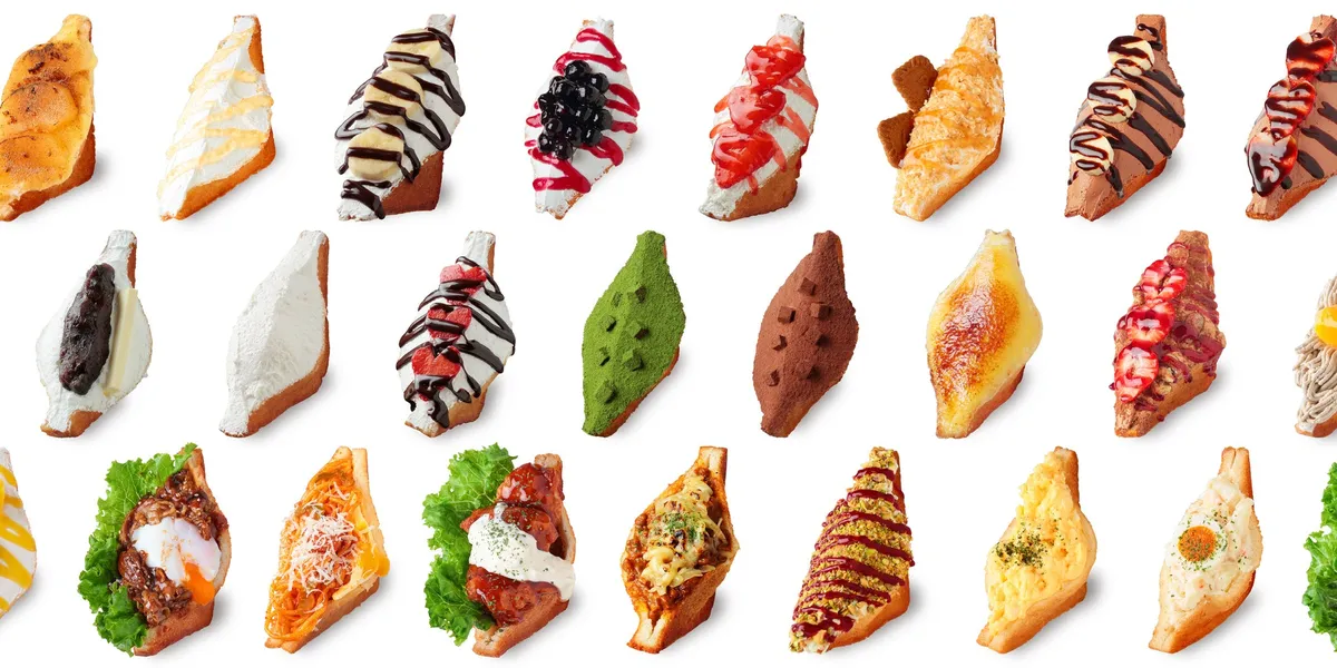 色とりどりの揚げサンドが並ぶ様子