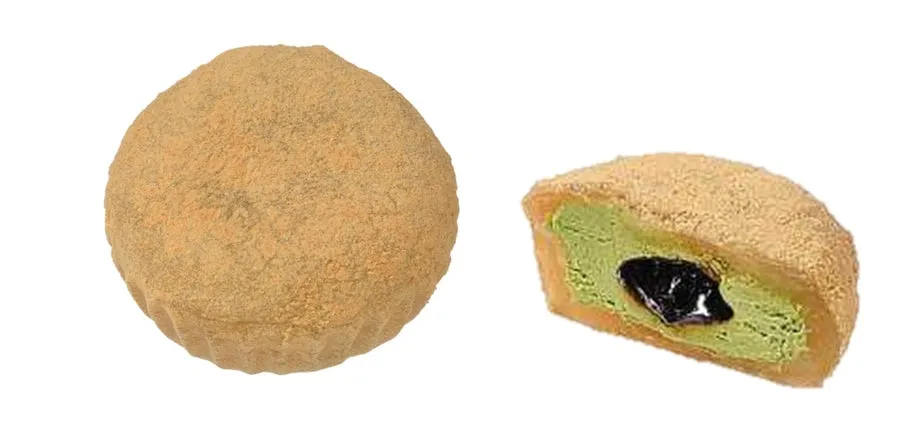 ぷるもちきなこわらび抹茶クリームの全体像と断面