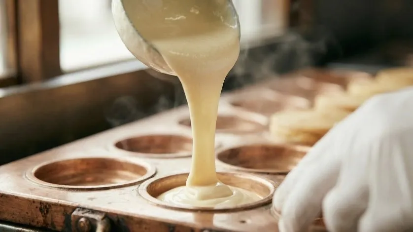 銅板の型に生地を流し込む様子