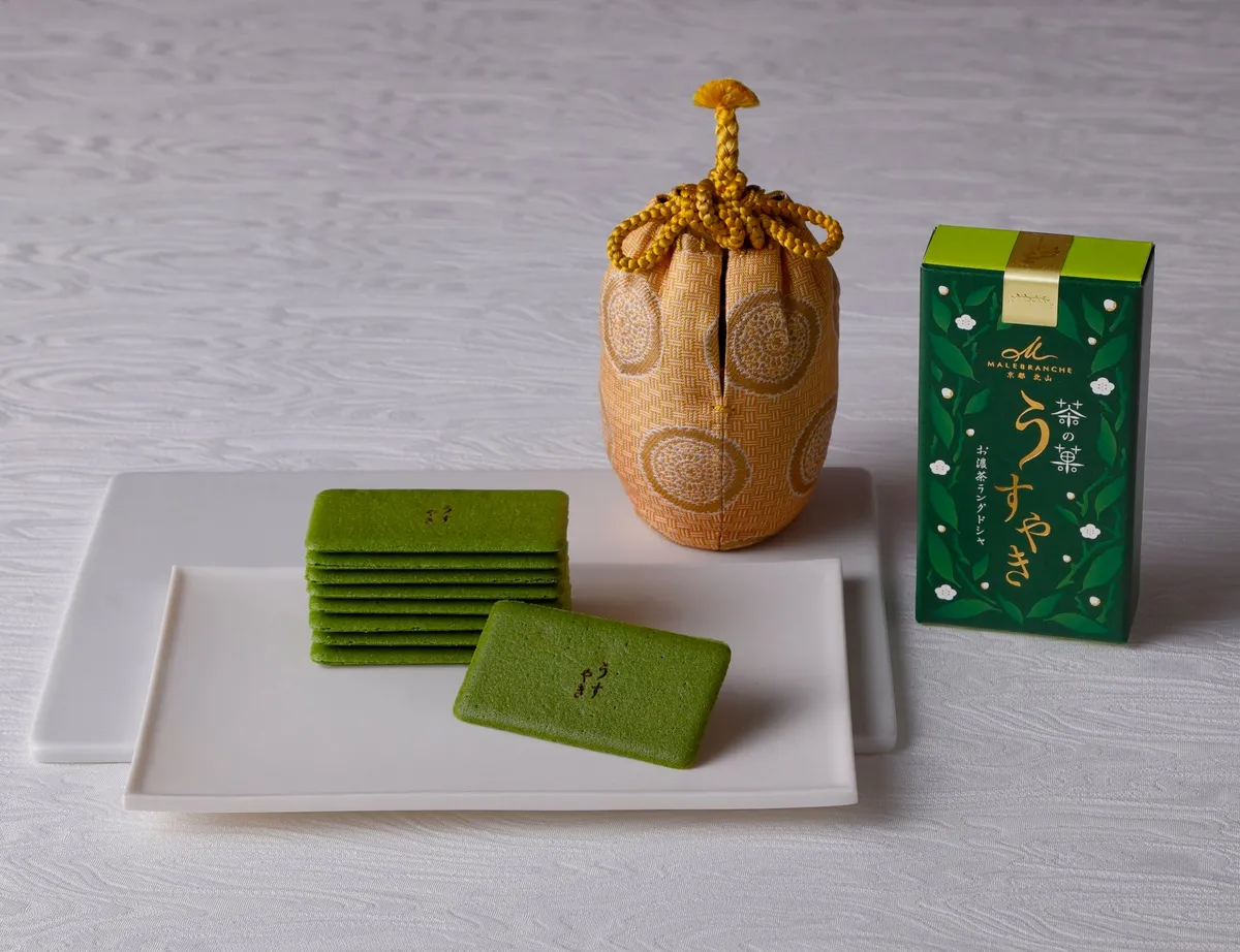 上品なデザインのパッケージと整然と並ぶ茶の菓 うすやき