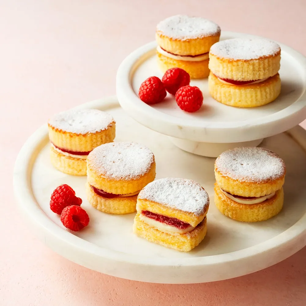 粉糖がかかった可愛らしいサイズのヴィクトリアケーキとラズベリー