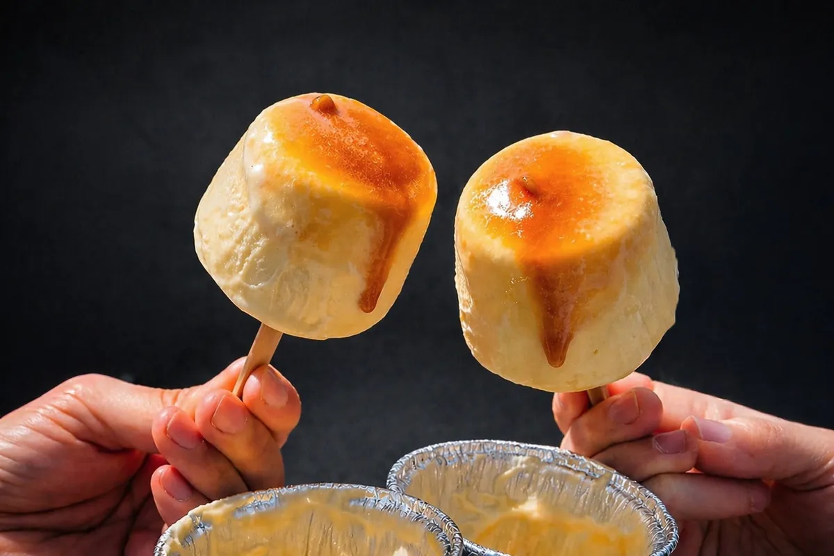 二つの生プリンアイスを掲げる様子