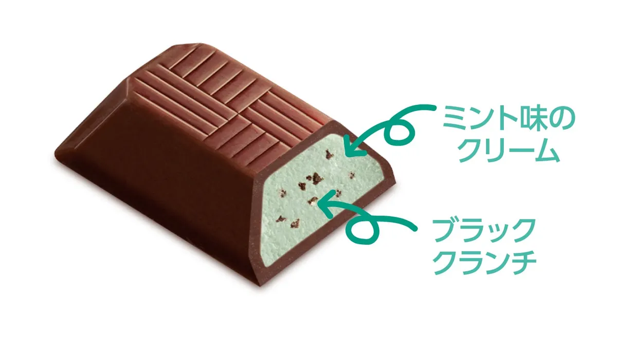 チョコレートミント風味の断面図。ミントクリームとブラッククランチが見える
