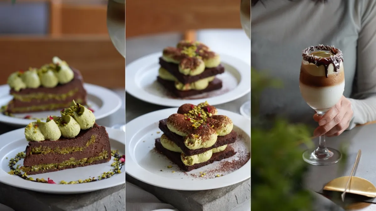 202カリー堂のショコラピスタチオシリーズ。鮮やかなピスタチオクリームが目を引くケーキとドリンク