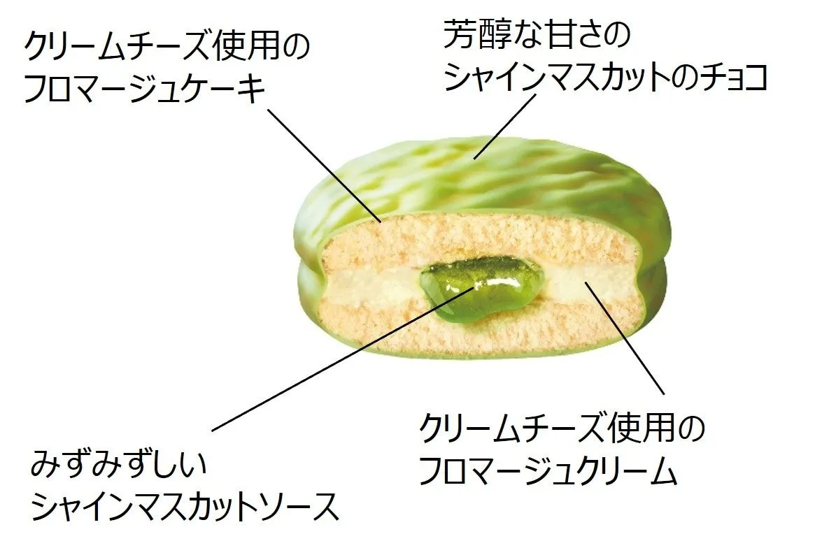 チョコパイの断面図。シャインマスカットソースとフロマージュクリームが層になっています