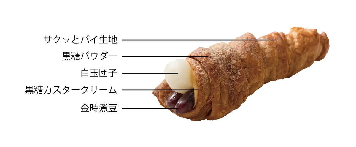 白玉団子と金時煮豆がのった黒糖フレーバーの断面図