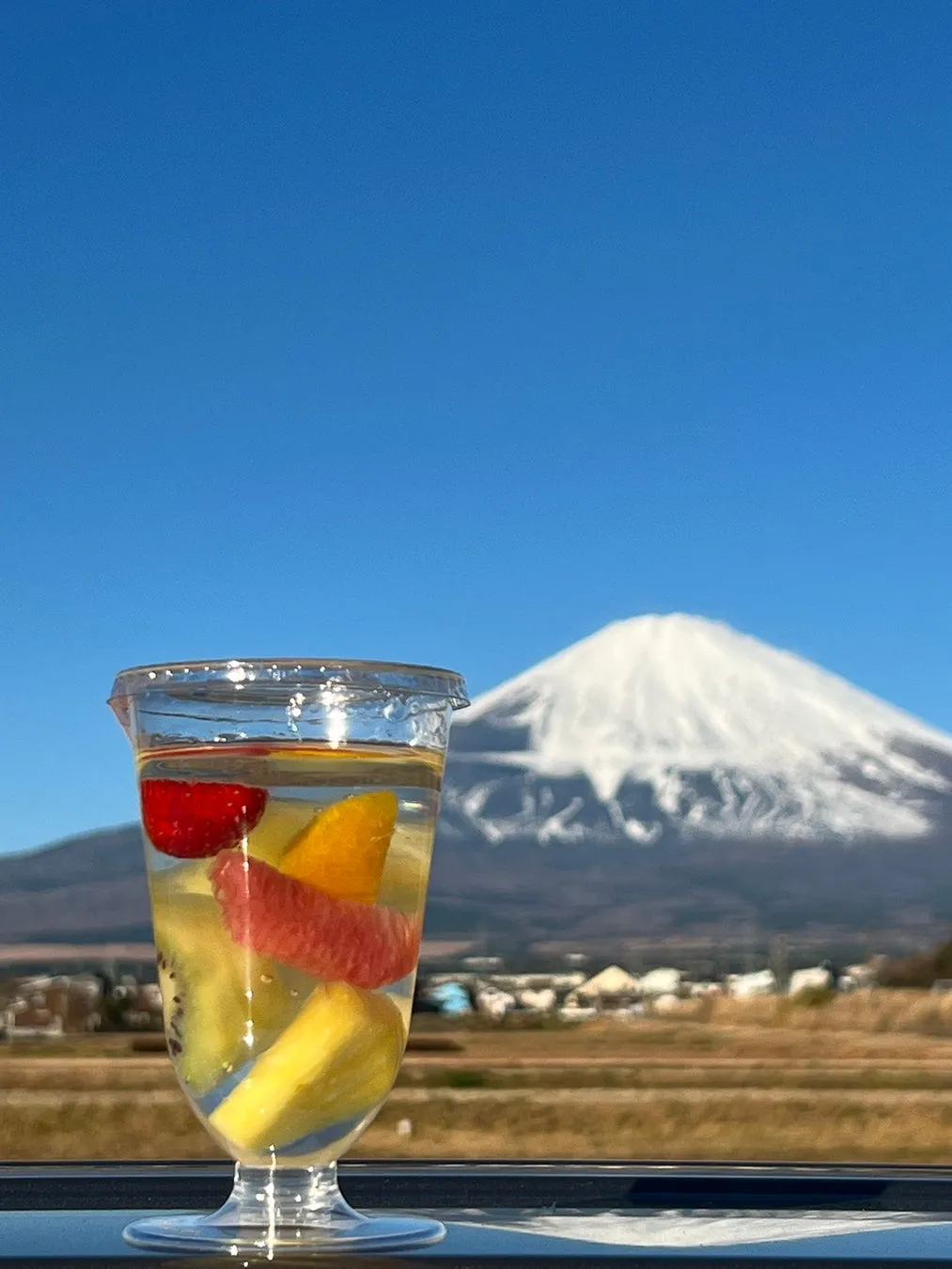 富士山を背景にしたフルーツミックスゼリー