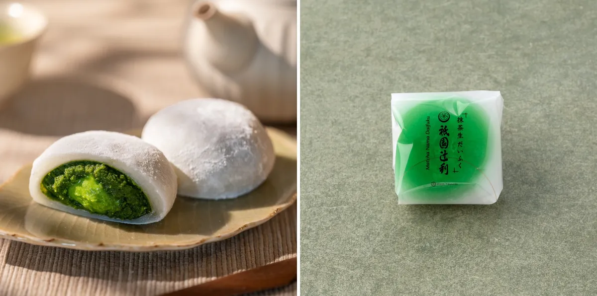 8層の贅沢な重なりが美しいPetitパフェ（抹茶）の構造。水尾柚子がアクセントです。