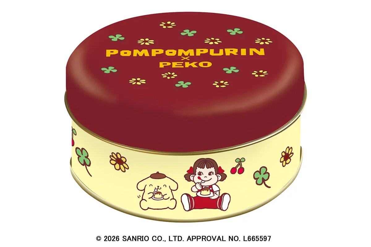 ポムポムプリンとペコちゃんが描かれた可愛らしいデザインのミルキー缶