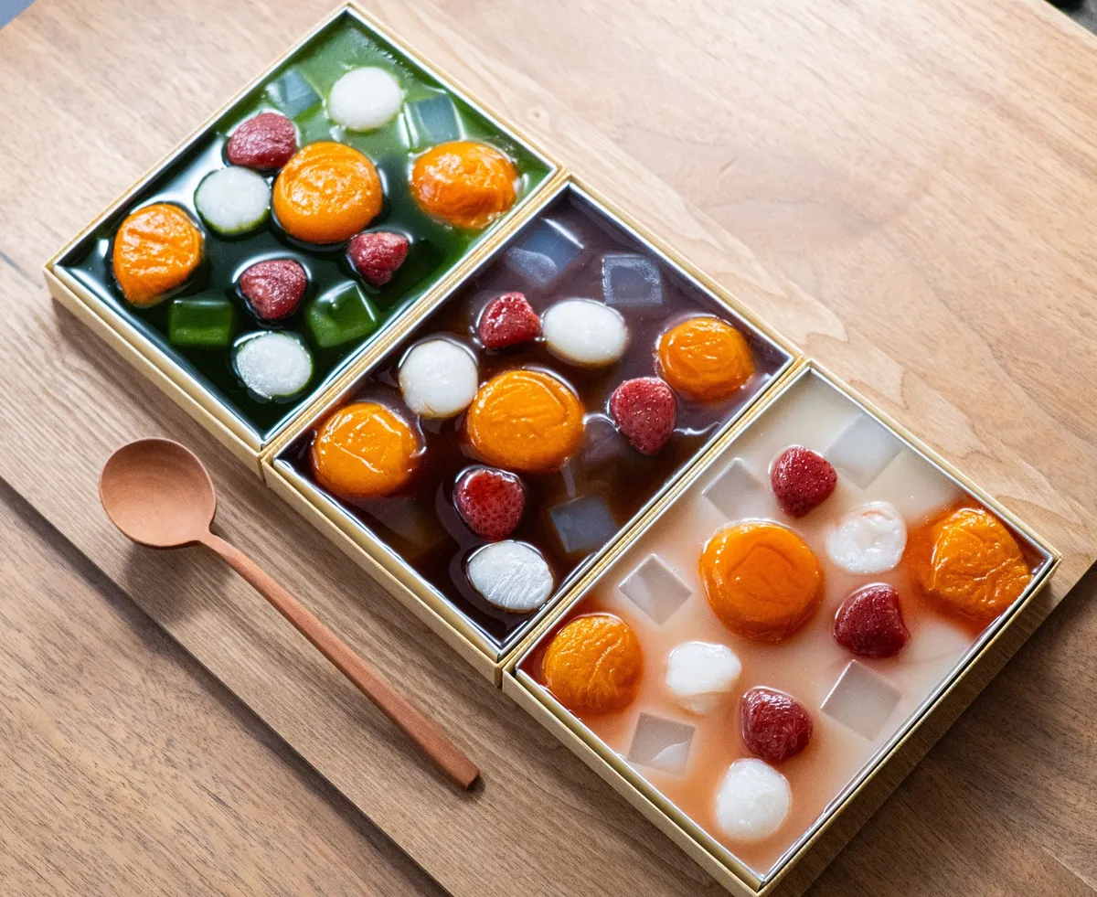 新作のあんみつ水羊羹『彩手箱』が3種並んだ華やかな様子