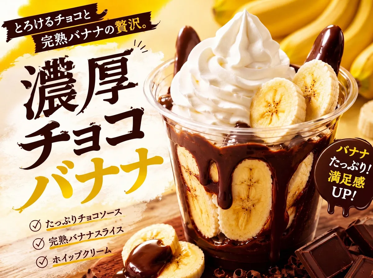 たっぷりのホイップクリームと濃厚チョコソースが食欲をそそる濃厚チョコバナナ