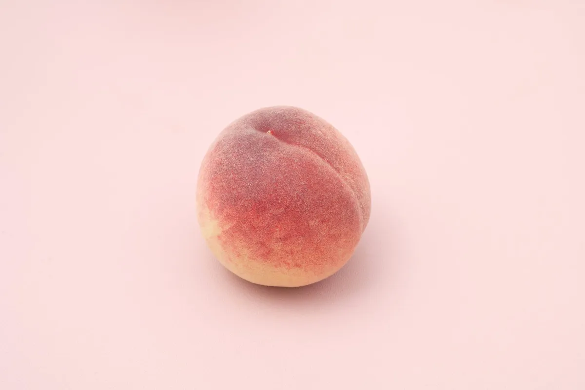 ピンクの背景に置かれた旬の桃一玉