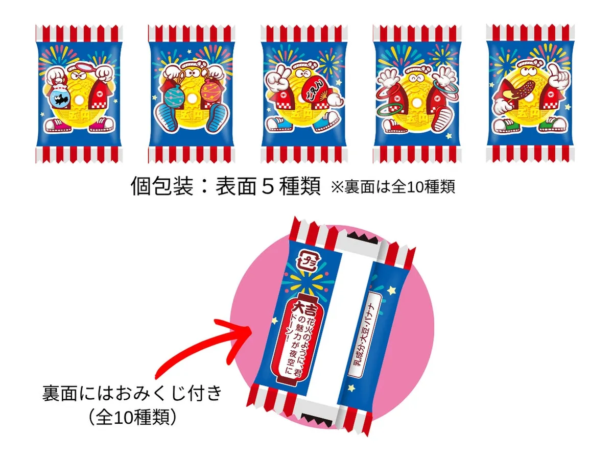 個包装のデザイン5種とおみくじのイメージ