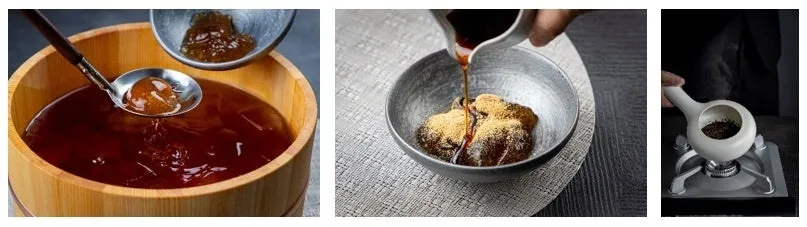 目の前で仕上げる自家製わらび餅と香ばしく焙煎されるほうじ茶の様子