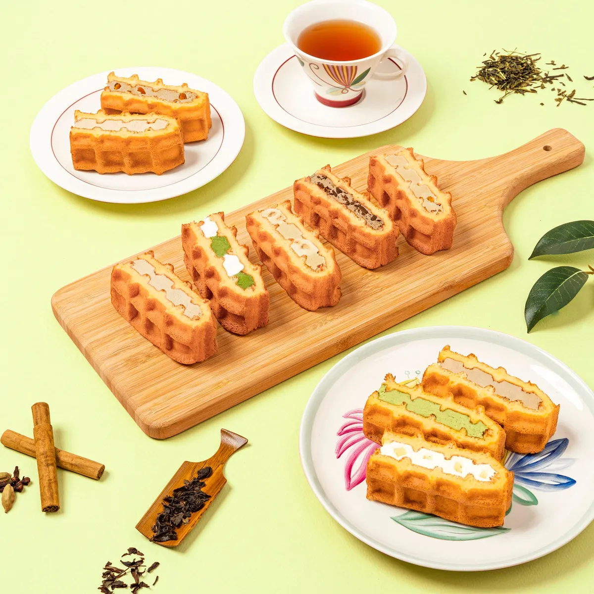 お茶フェアで楽しめる多彩なワッフルケーキのラインナップ