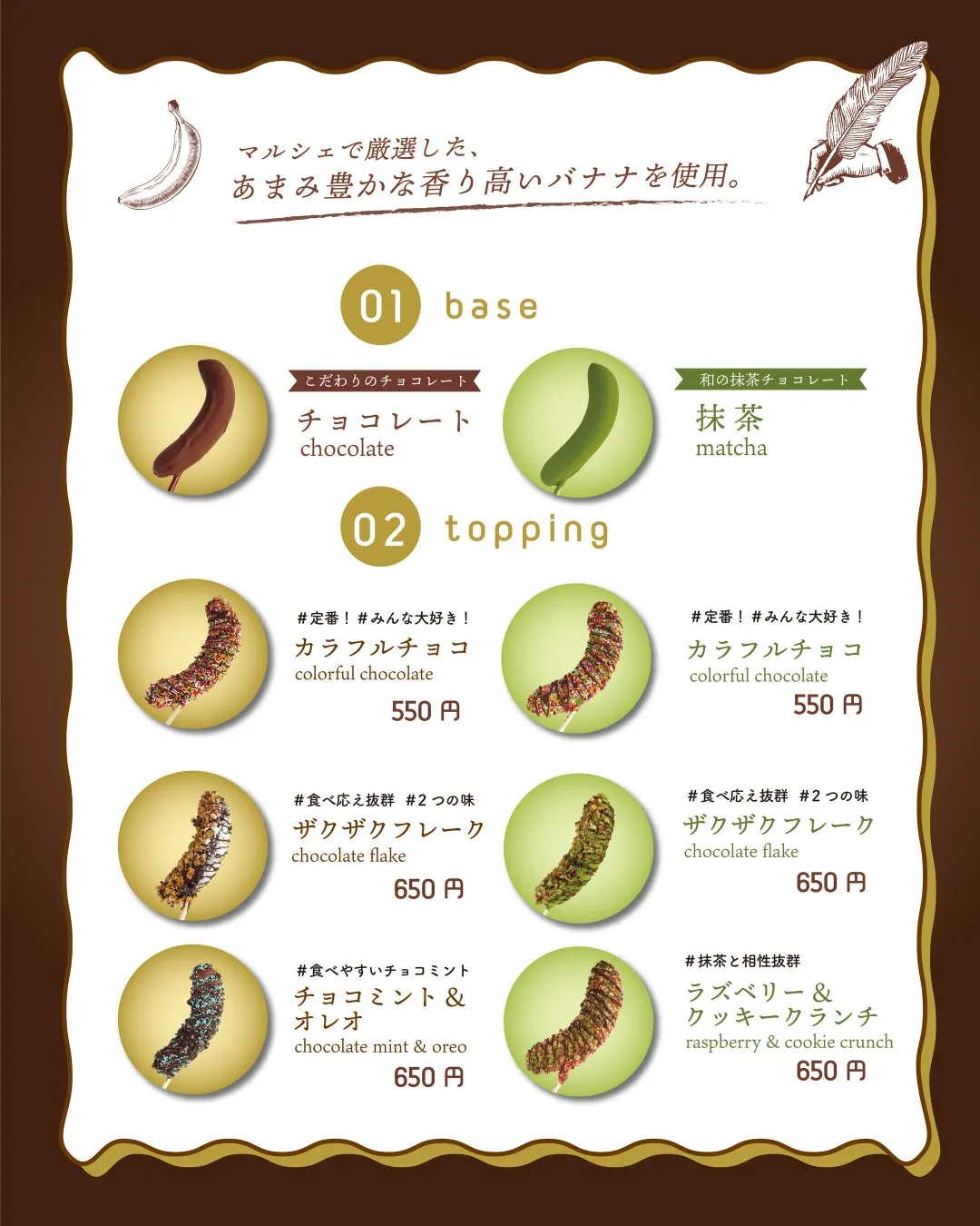 全6種類のプレミアムフローズンチョコバナナのメニュー表