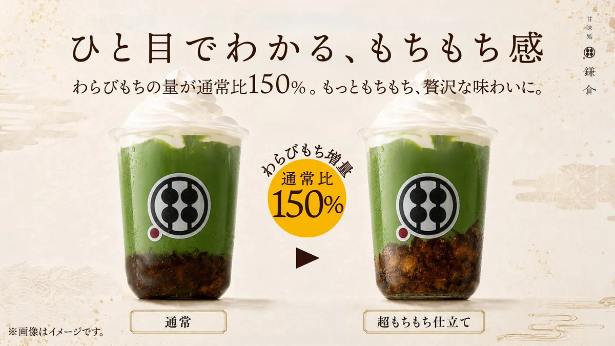 通常量と150%増量のわらびもちドリンクの比較画像