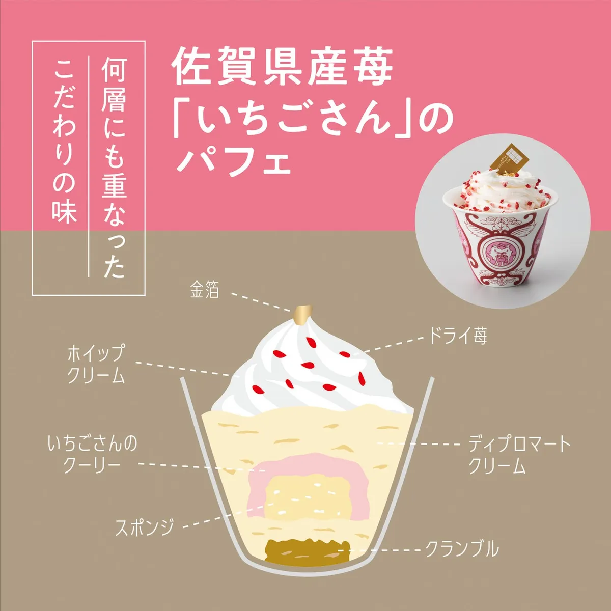 佐賀県産苺「いちごさん」のパフェの層を説明する図