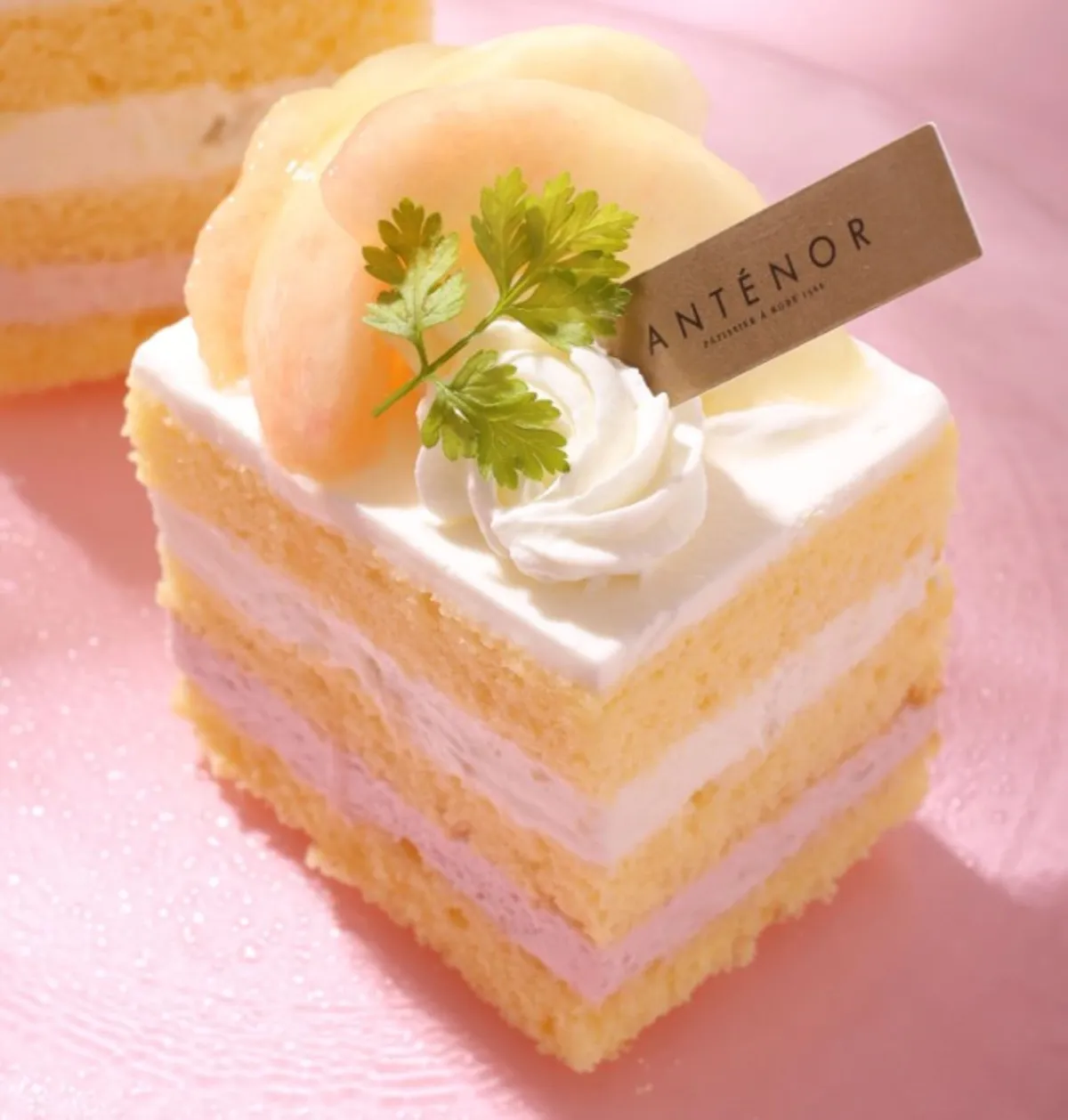 上品な層が重なる桃のショートケーキ