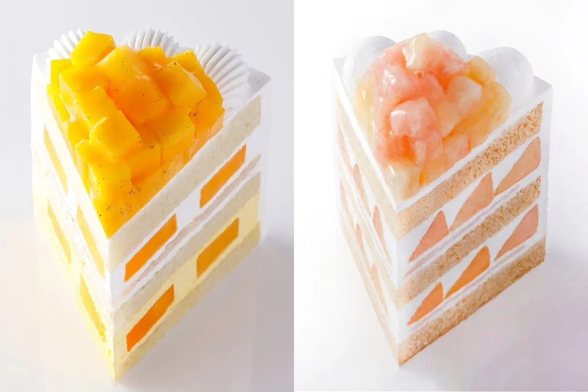 マンゴーと桃、それぞれのケーキの断面比較