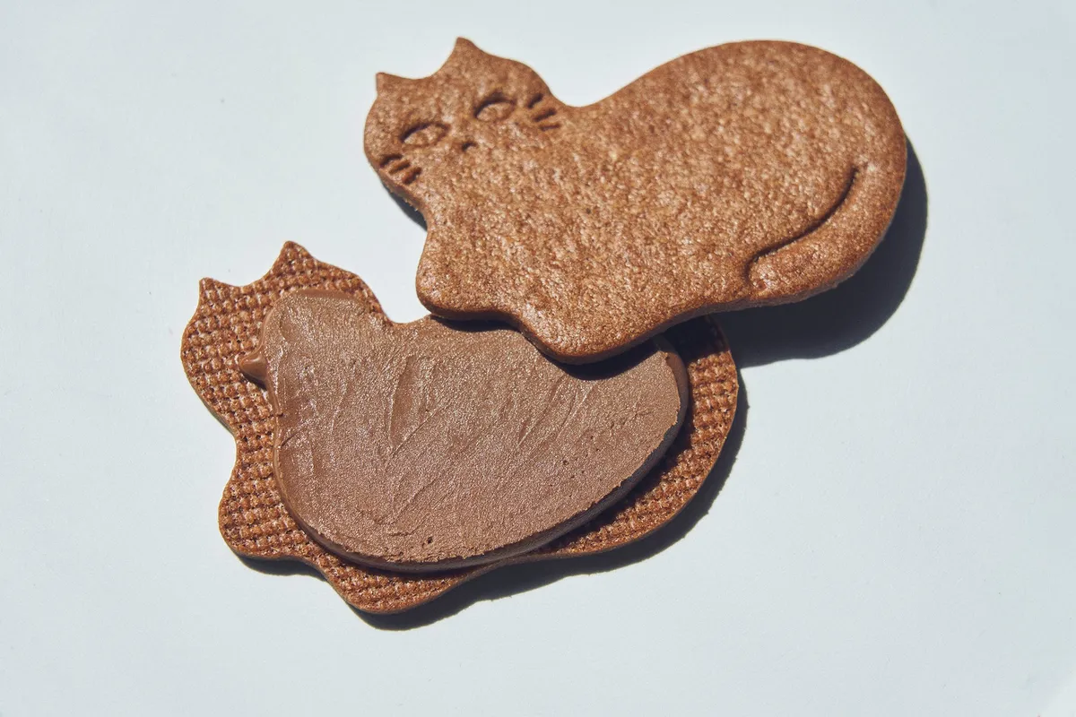 猫型クッキーにサンドされたミントチョコの断面