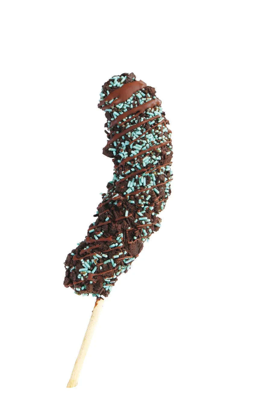 爽やかなブルーのチョコミントとオレオがトッピングされたチョコバナナ