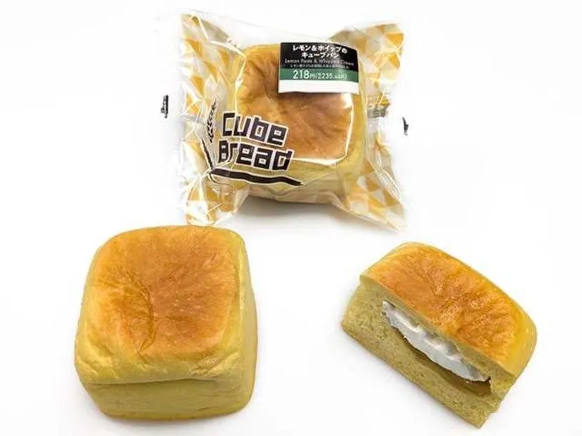 レモン＆ホイップのキューブパンのパッケージと、クリームが詰まった断面の様子