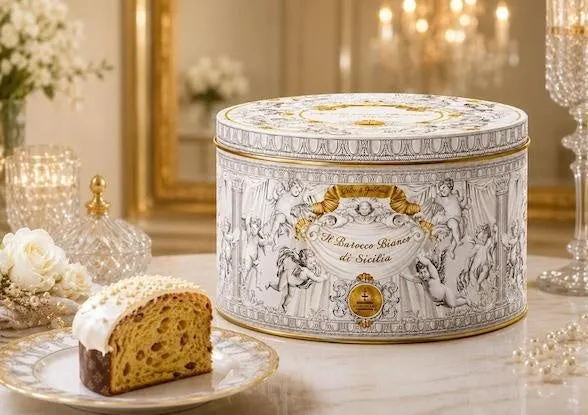 天使デザインの白い缶とケーキ