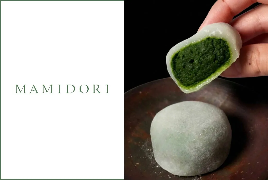 MAMIDORIの濃厚な抹茶餡が詰まった大福の断面