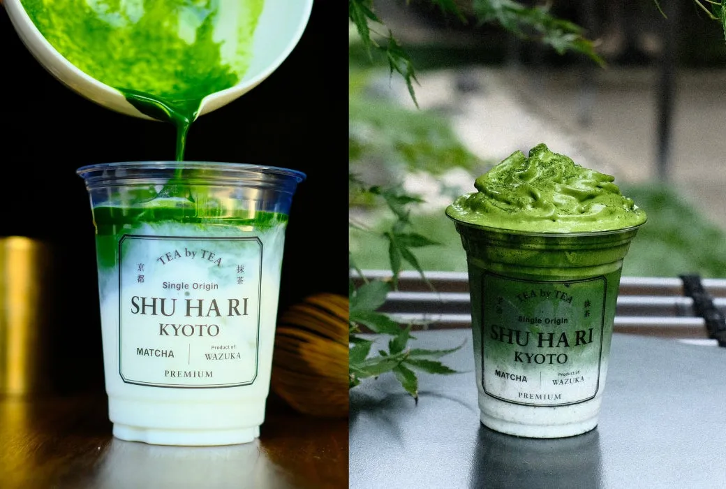 SHUHARI KYOTOの美しい層になった抹茶ラテとフラッペ
