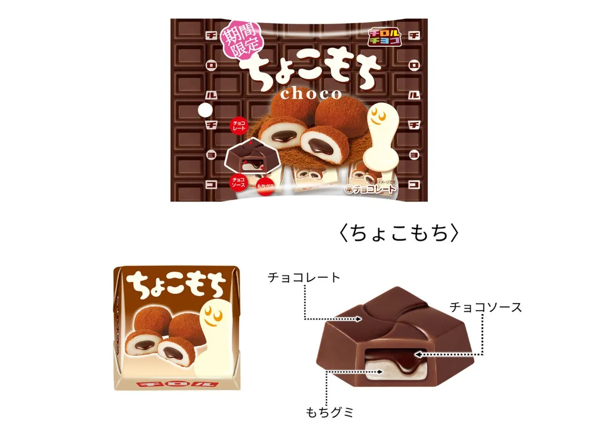 ちょこもちのパッケージとチョコソースが入った断面図