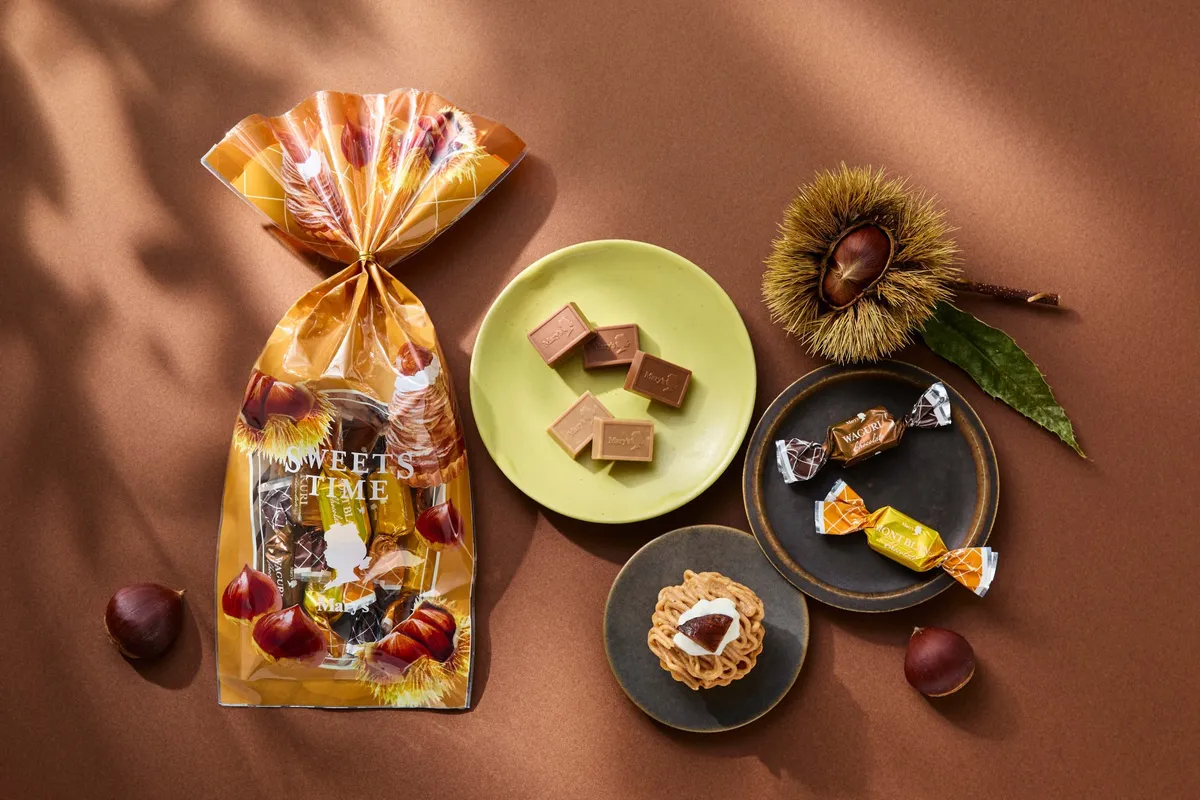お皿に盛り付けられた2種の栗チョコレートとモンブランのイメージ
