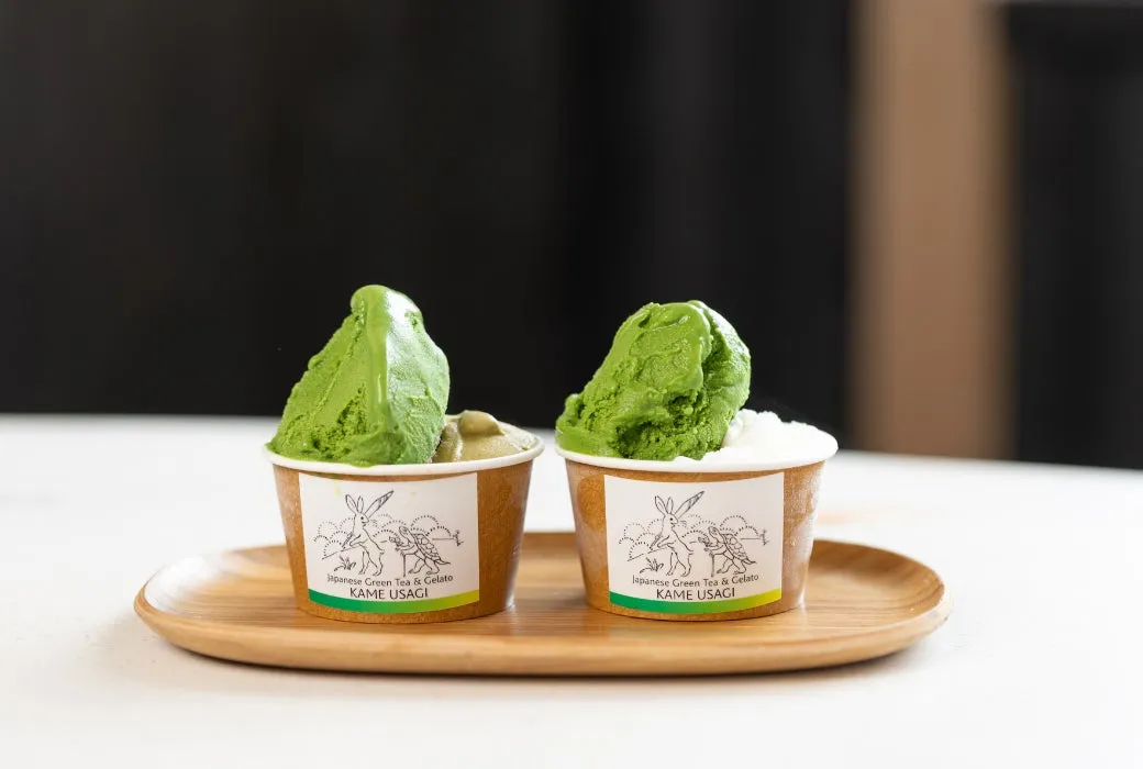 かめうさぎのカップに入った濃厚抹茶ジェラート