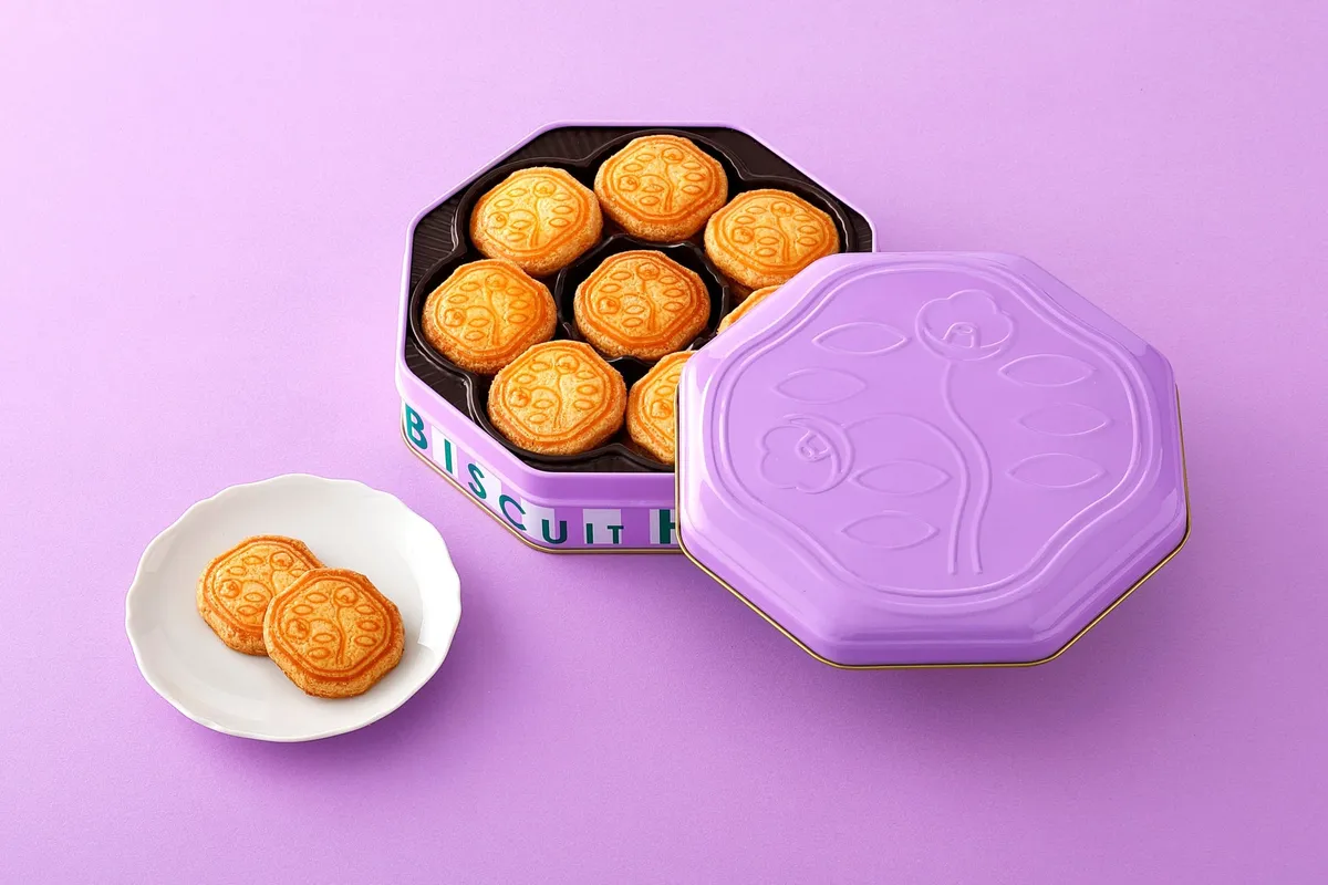 ペールパープルの限定缶と、お皿に並べられた花椿ビスケット
