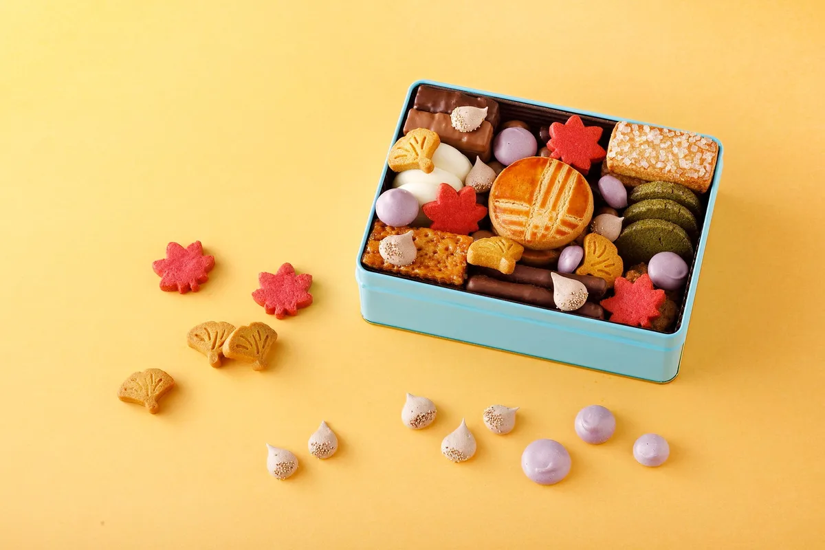 もみじやいちょうの形をしたクッキーと可愛らしいメレンゲ菓子
