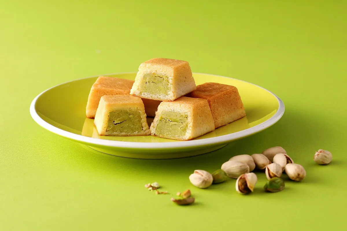 濃厚なピスタチオペーストのチーズケーキ断面